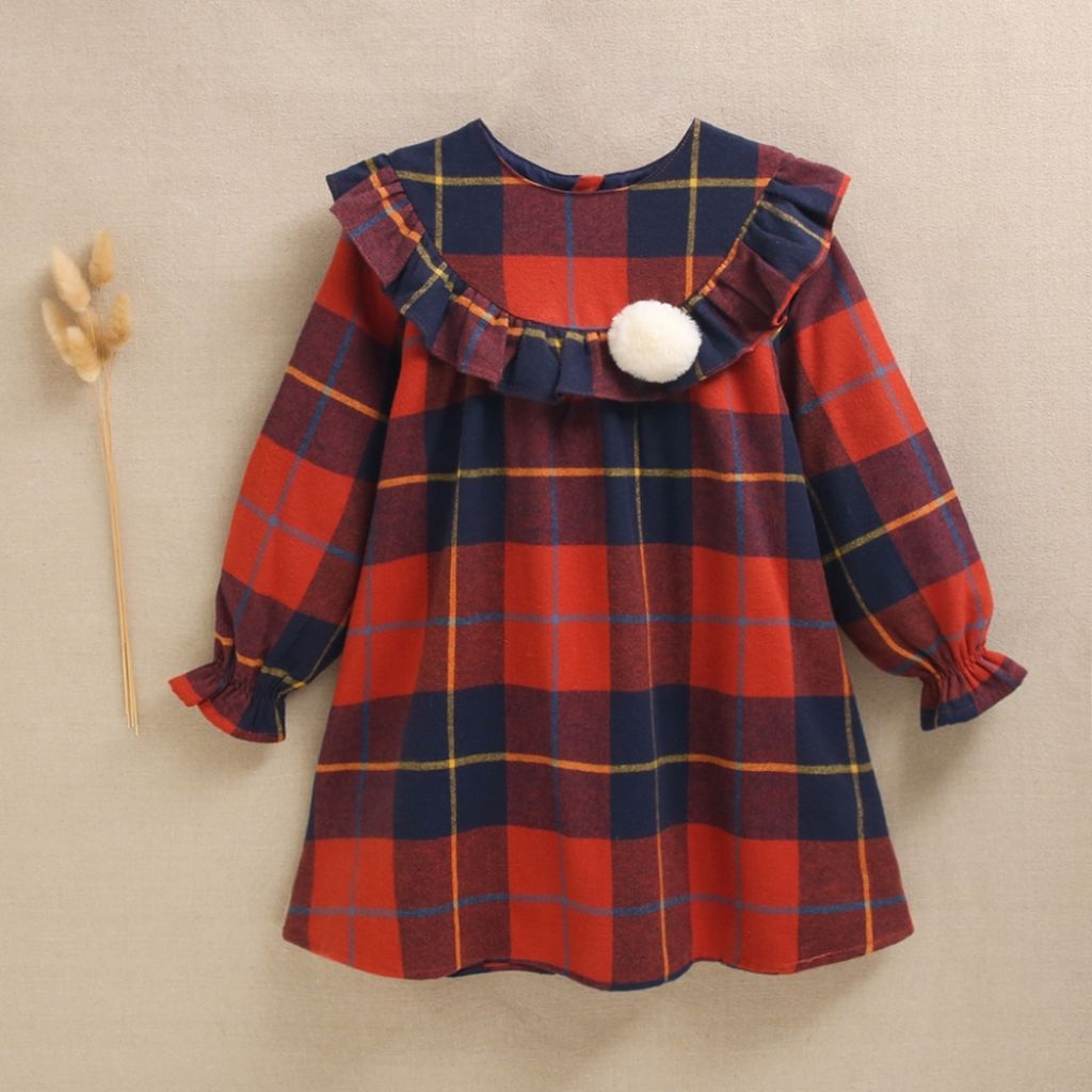 VESTIDO NIÑA CUADROS TARTAN POMPON