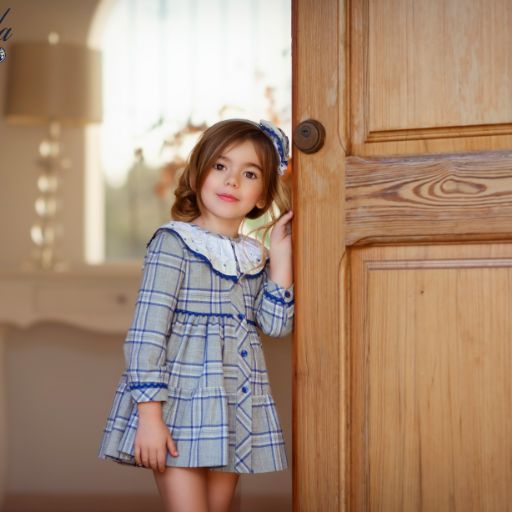 VESTIDO NIÑA MANGA LARGA CUADROS GRIS AZUL