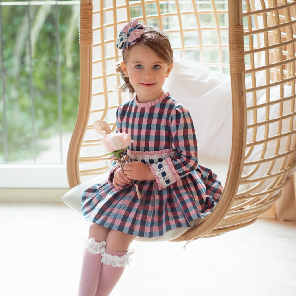 VESTIDO NIÑA MANGA LARGA CUADROS ROSA AZUL