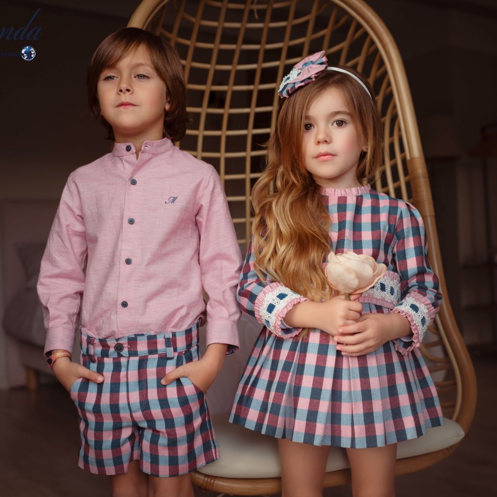 VESTIDO NIÑA MANGA LARGA CUADROS ROSA AZUL