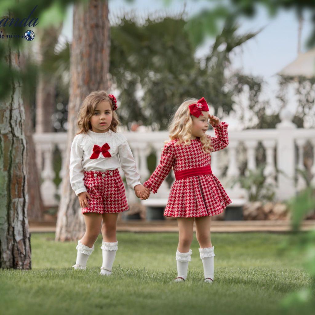 VESTIDO NIÑA MANGA LARGA ROJO PATA DE GALLO