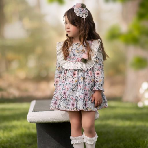 VESTIDO NIÑA MANGA LARGA FLORAL AZUL VERDOSO