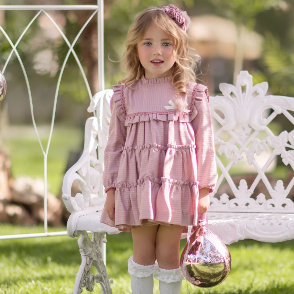 VESTIDO NIÑA MANGA LARGA ROSA PALO VOLANTES