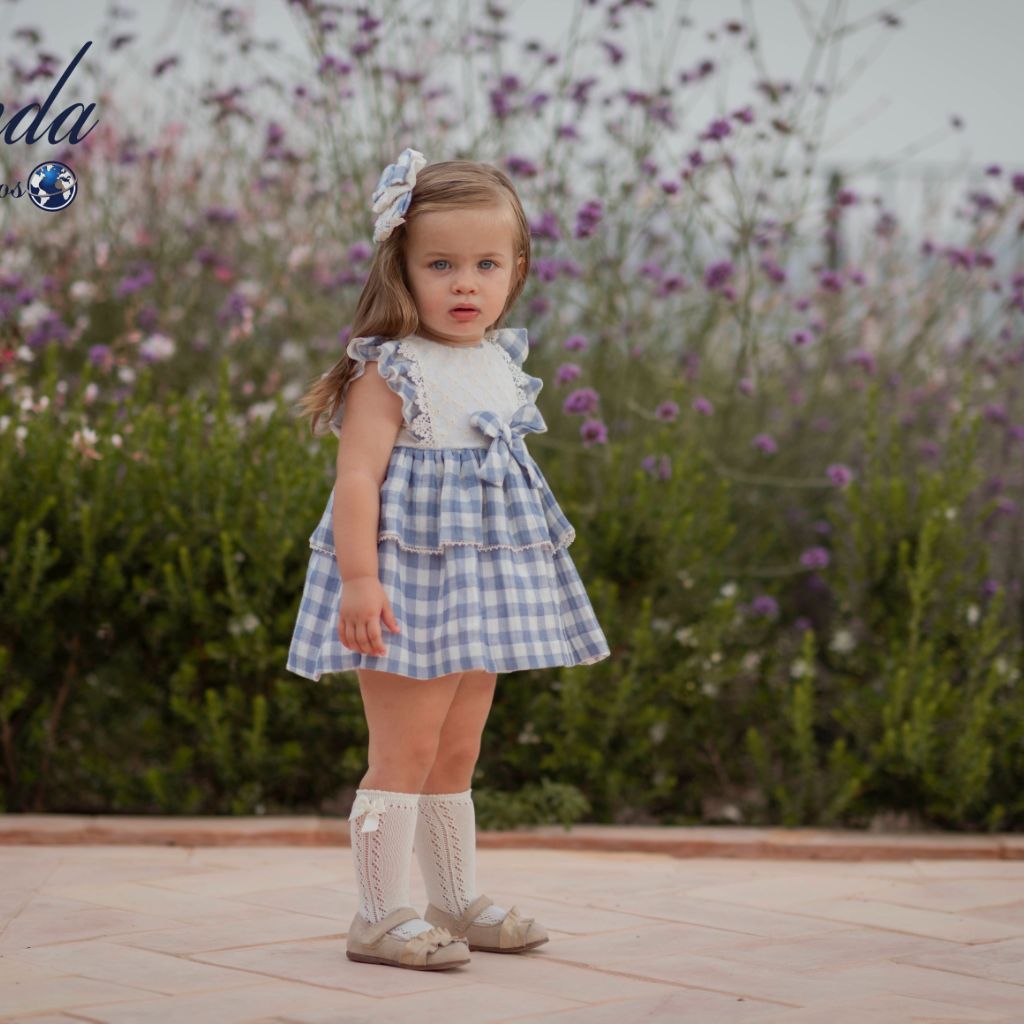 VESTIDO BEBE NIÑA CUADROS AZUL CON BLANCO.