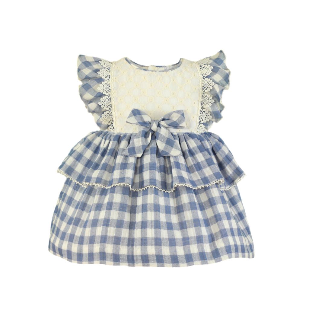 VESTIDO BEBE NIÑA CUADROS AZUL CON BLANCO.