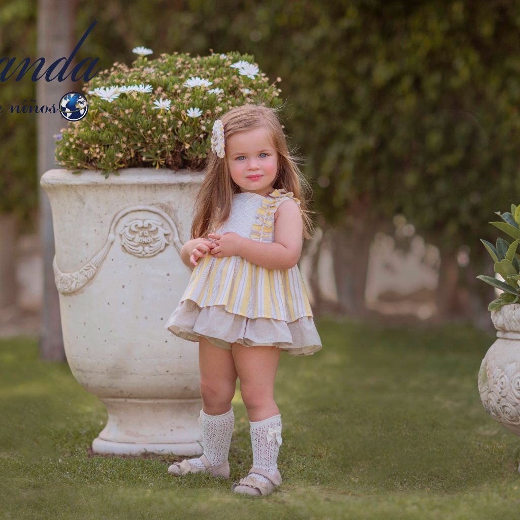 VESTIDO BEBE NIÑA DE LINEAS AMARILLA Y BEIGE OSCURO