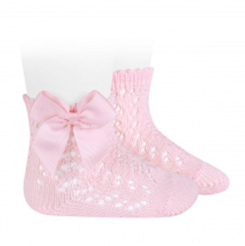 CALCETINES CORTOS DE PERLE CALADOS CON LAZO ROSA - Menta Moda Infantil