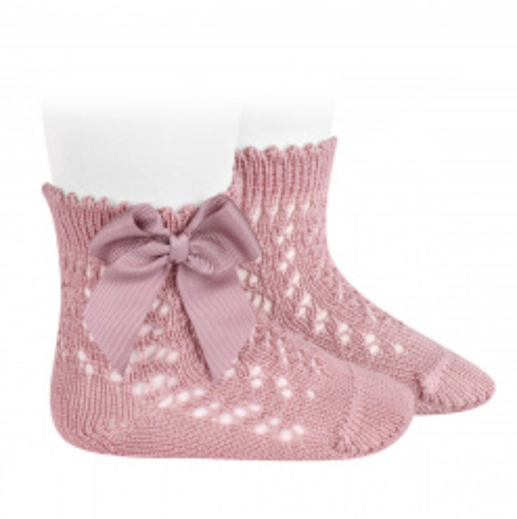 CALCETINES CORTOS DE PERLE CALADOS CON LAZO ROSA PALO - Menta Moda Infantil