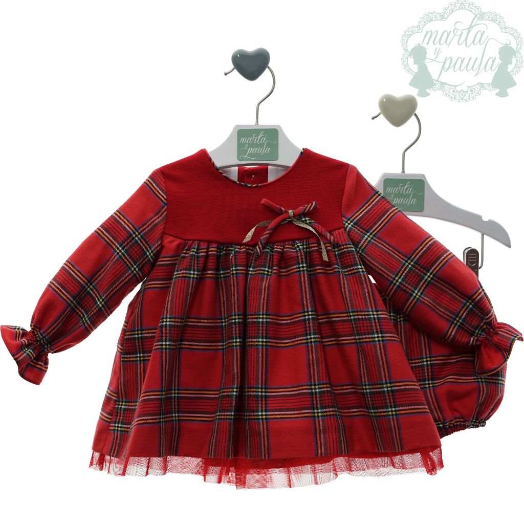 VESTIDO BEBE NINA MANGA LARGA ROJO CUADROS FAMILIA AMOR