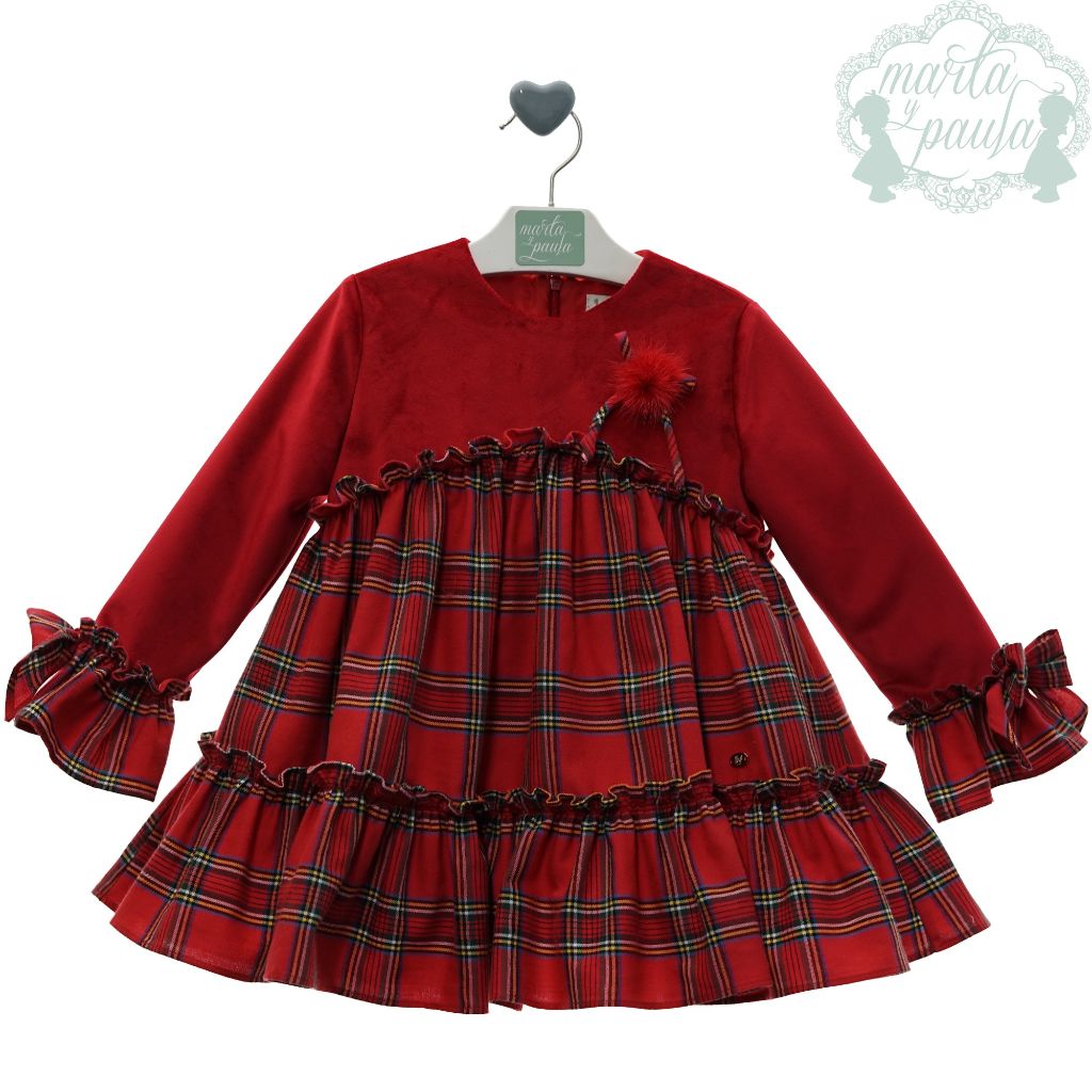 VESTIDO NINA MANGA LARGA CUADROS ROJO FAMILIA AMOR