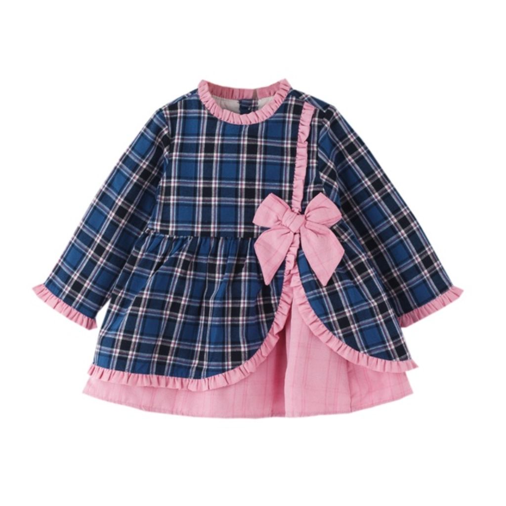 VESTIDO BEBÉ NIÑA CUADROS AZULES CON ROSA - Menta Moda Infantil