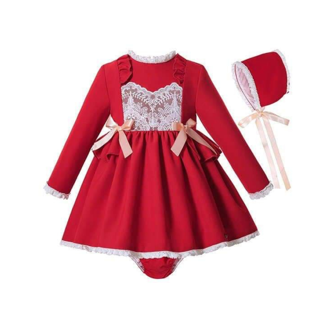 VESTIDO BEBE ROJO ENCAJE CRUDO - Menta Moda Infantil