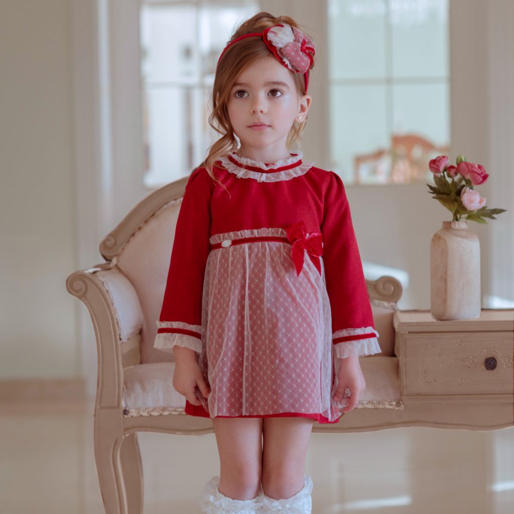 VESTIDO NIÑA MANGA LARGA ROJO CON TUL